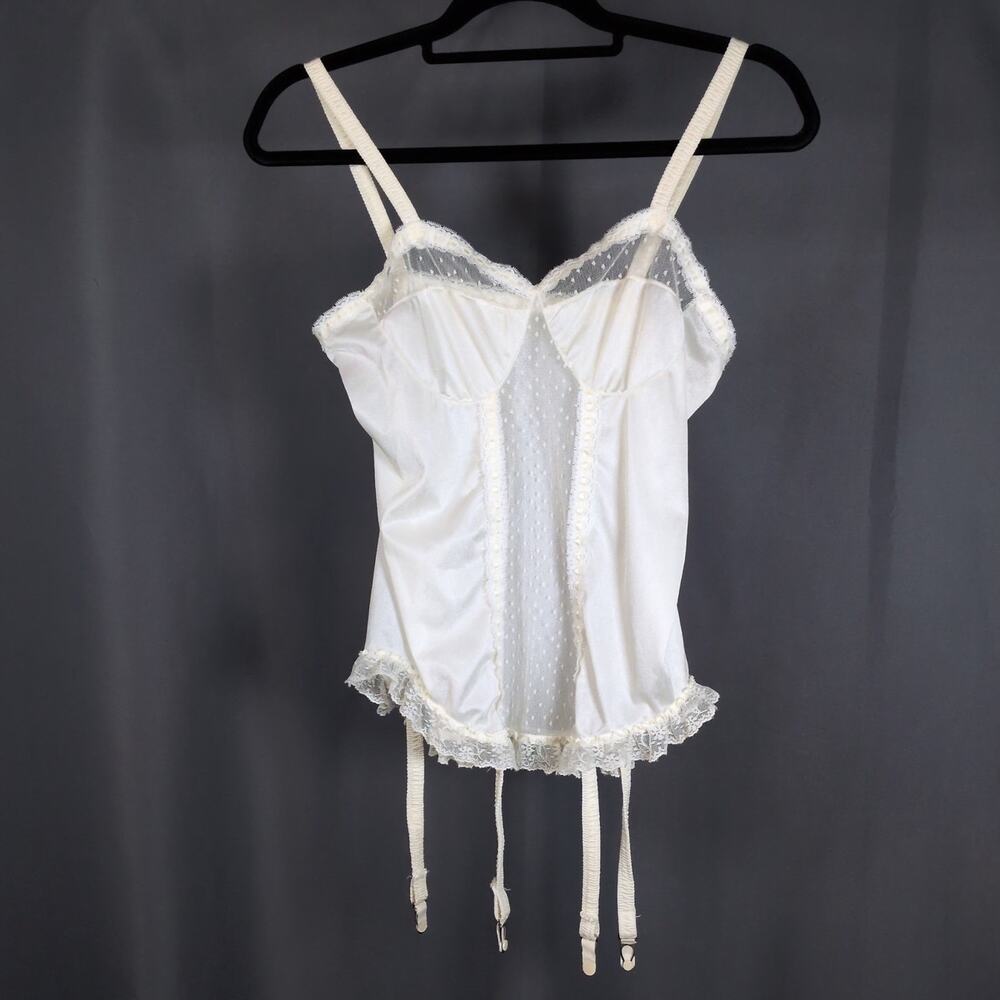 VTG Fortune Off-White Satin Bustier Sheer Panel Cami Tank w/ Garter Straps Small